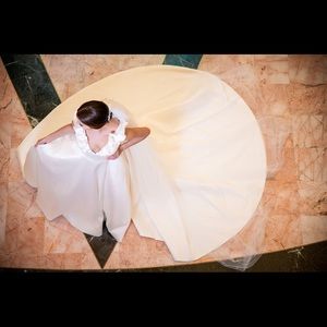 Wedding Dress Silk Mikado. 
Ruffle Top V Neck
Long Tail With Buttons